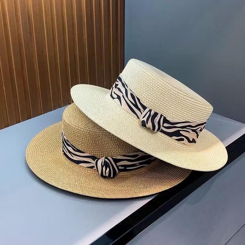 French New Beach Hat Children Summer Sunscreen Sunshade Strap Striped Flat Top Hat Seaside Travel Straw Straw Hat