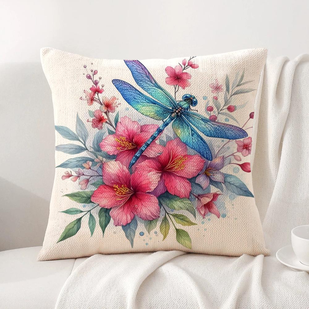 Watercolor Dragonflyflower Cushion Cover Natural Linen Organic Fabric DoubleSided Printing Sofa Home Decor Gift Pillow Cover