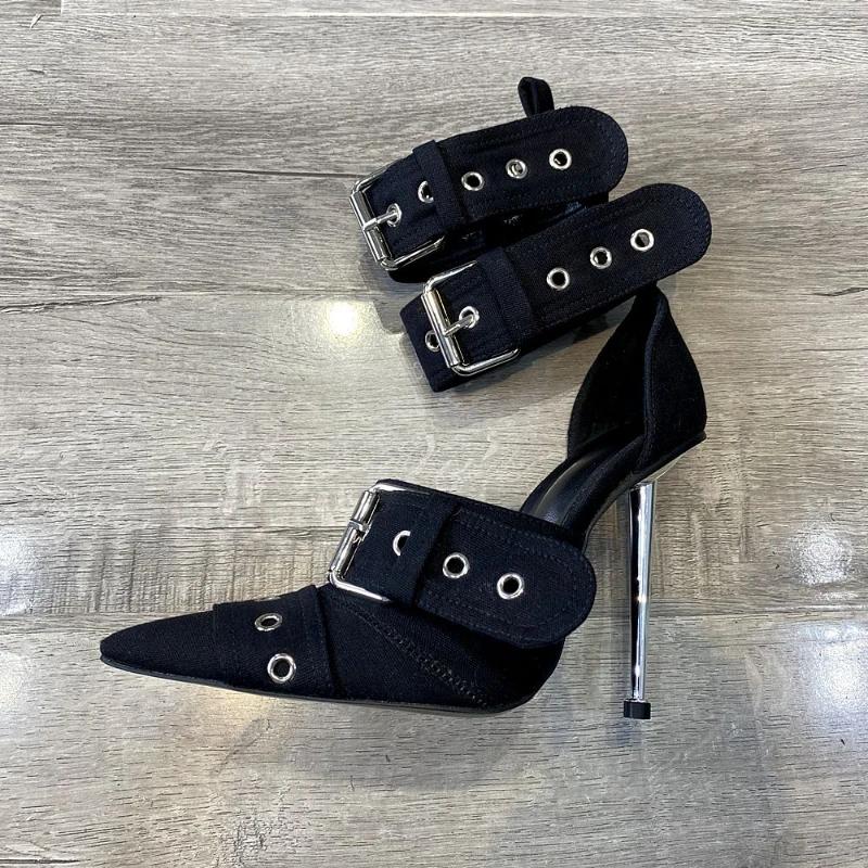 Fashion New Women Denim Metal Rivet Buckle Sandals Women Sexy Punk Style Pointed Hollow Metal 11cm High Heel Knee High Boots Size34-43