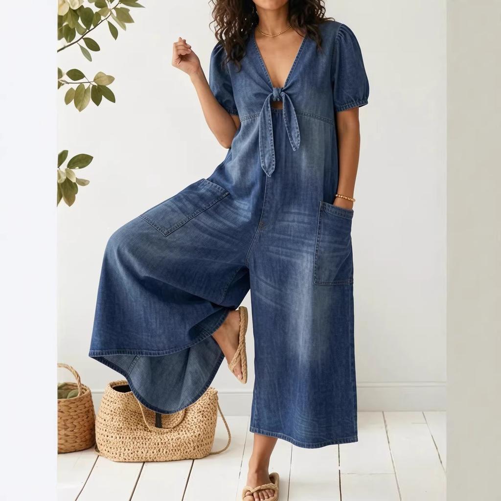 Women's V Neck Short Puff Sleeve Front Tie Pocket Loose Wide Leg Denim Jumpsuit