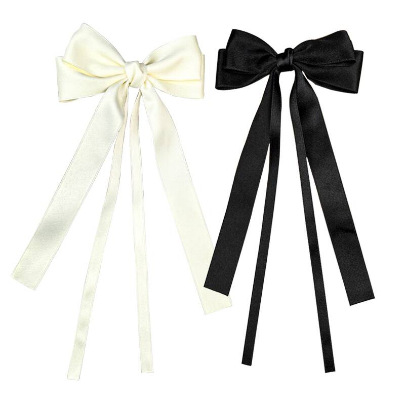 Vintage Solid Color Ribbon Double Bowknot Clip Pin For Women Girls Korean Big Bow Long Tassel Barrettes Hair Accessories