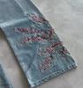 Menn Kvinner Kirsebærblomst Ridder All Broderi Denim Bukser Y2k Vintage Baggy Street Rette Jeans Høy Midje Vasket Blå Jeans