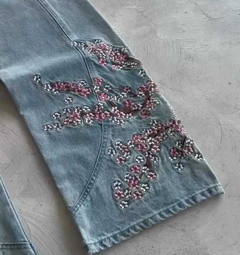 Menn Kvinner Kirsebærblomst Ridder All Broderi Denim Bukser Y2k Vintage Baggy Street Rette Jeans Høy Midje Vasket Blå Jeans