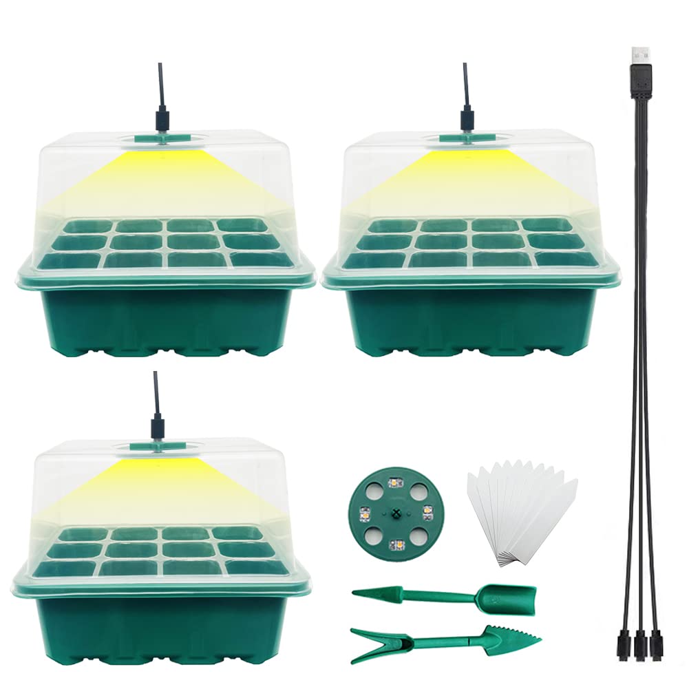 

Горшок для рассады с подсветкой для растений, набор из 3 шт., поддон для рассады, ящик для рассады, 12 отверстий, приподнятая прозрачная крышка зелёный