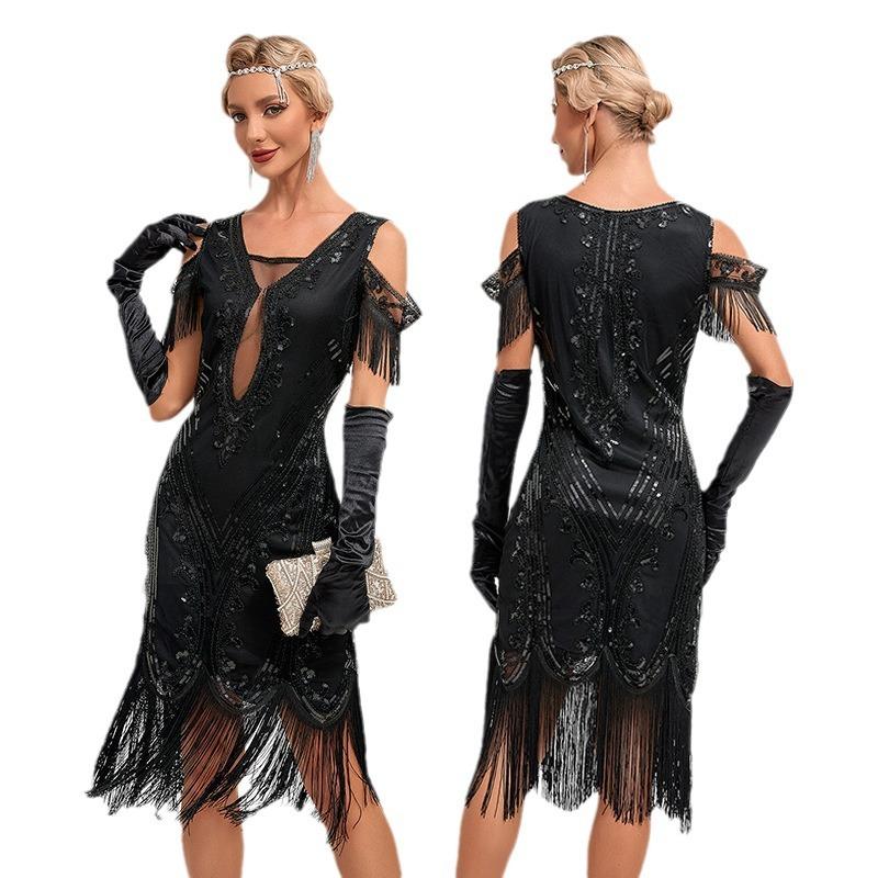 Vintage Prom Embroidered Tassel Dress Cocktail Party Plus Size Sequin Beaded Mesh Dress