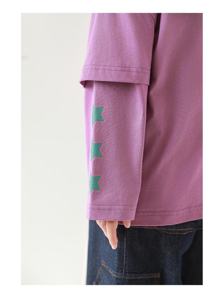 Wulibu Girls' Cartoon Print Faux Two-Piece Ribbed T-Shirt - Cute, Casual Spring 2025 Trend.