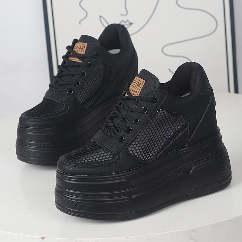 12CM Synthetisches Air Mesh Echtleder Schuhe Plateau Keil Sommer Stiefeletten Atmungsaktive Sandalen Damen Klobige Sneaker