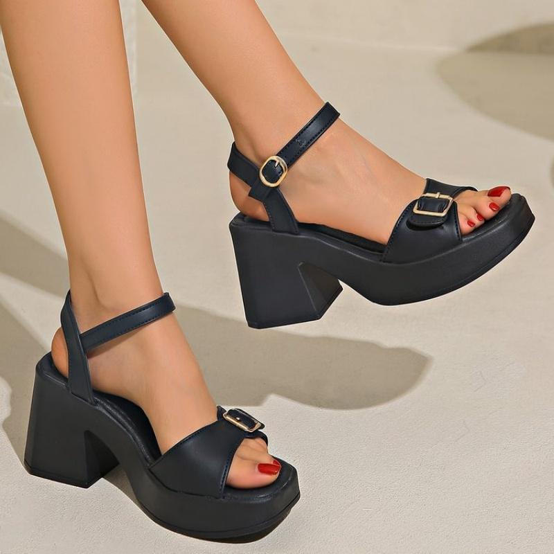 Fashion Fashion Large Size Thick Heel Sandals for Women 2025 Summer One-line Strap Out To Wear Height Raising Sandals