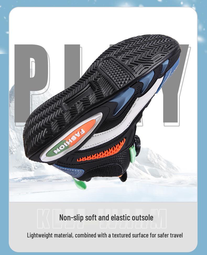 Kids' Rotating Button Sneakers - Leather, Velvet-Lined for Autumn & Winter