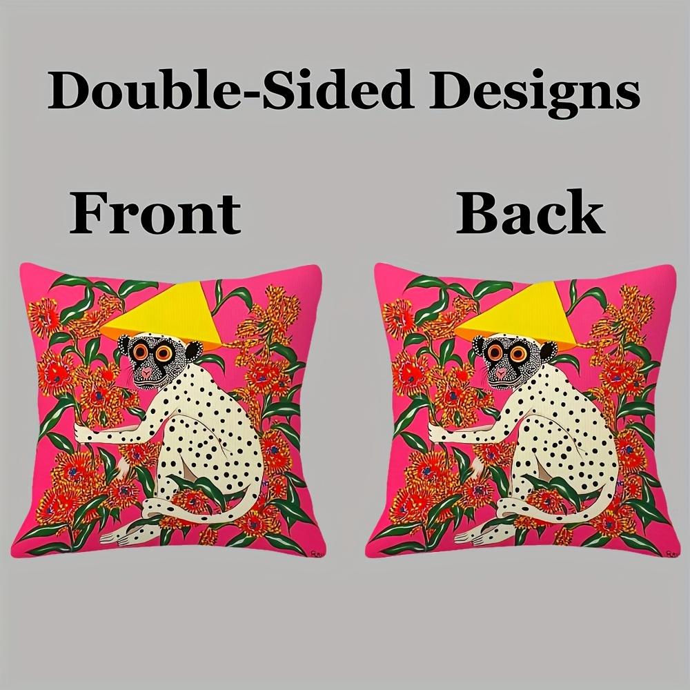 Pop Art Monkey Pillow 18×18" Zipper Cover — Spotted Monkey, Yellow Hat, Pink Floral, Machine Washable, Double-Sided