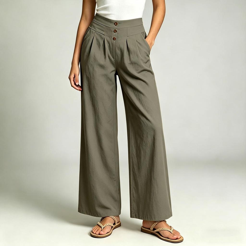 Women Casual Elastic Waist Wide Leg Pants High Waist Straight Leg Trousers with Button Detail and Side Pockets for Everyday Wear