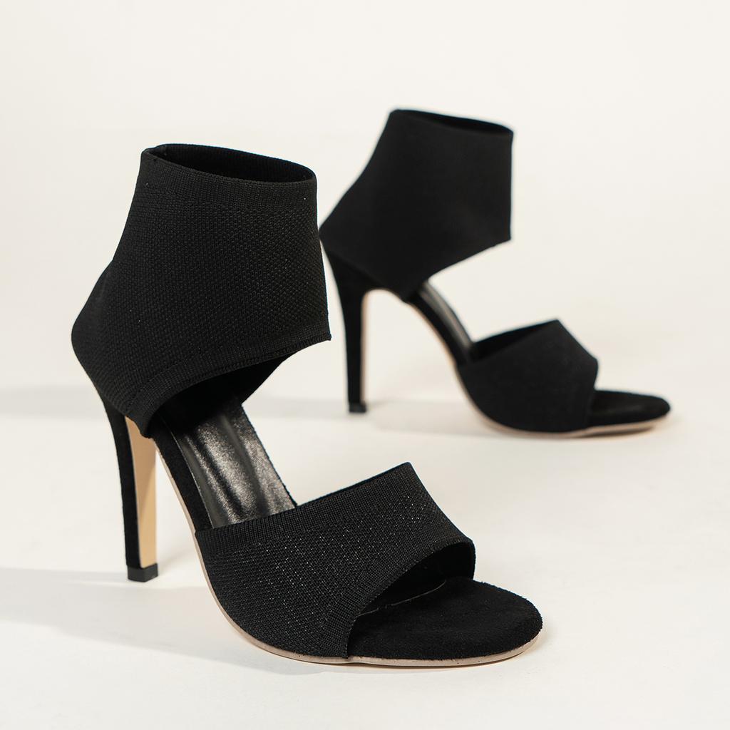 Sandales pour femmes Mode Sandales à talon haut en tricot Chaussures d'été à talon fin à bout ouvert pour femmes Chaussures confortables à enfiler Grande taille