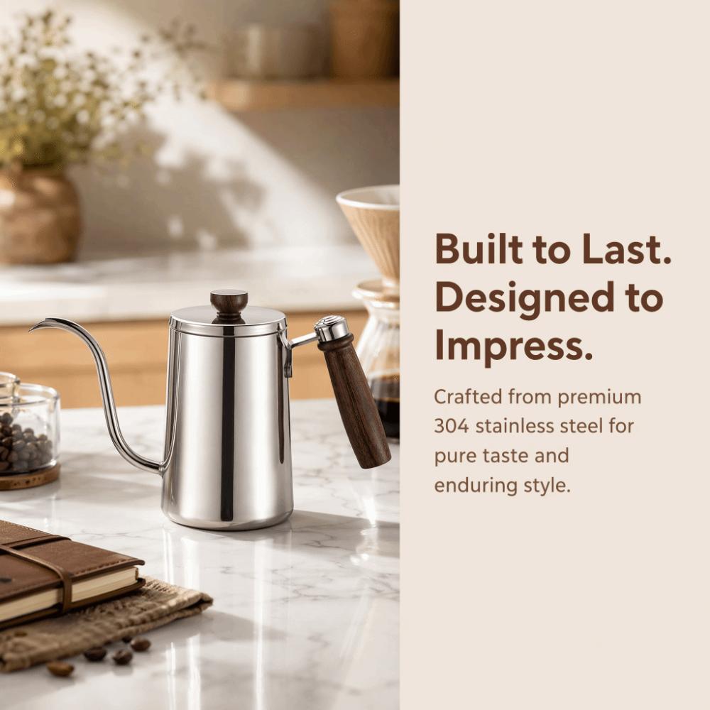 Wooden Handle Gooseneck Coffee Kettle Drip Spout Stainless Steel Teapot Office Use
