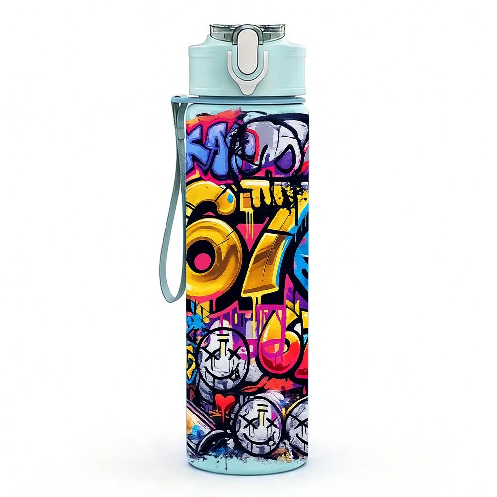 1PC 67 Retro Psychedelic Graffiti Print 750ml Color Plastic Sports Water Bottle Leakproof Flip Straw Lid Suitable for Sports Office Home Use