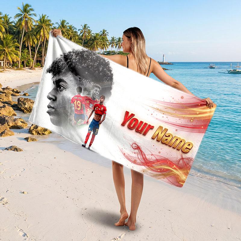 Asciugamano da Spiaggia Personalizzato Lamine Yamal, Stampa Testo Nome Personalizzato, Asciugamano Morbido ad Asciugatura Rapida con Logo Calcio, Regalo per le Vacanze
