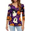 Damen V-Ausschnitt Knopf Halloween Dreiviertelarm T-Shirt Top
