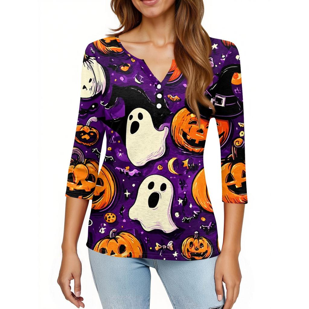 Damen V-Ausschnitt Knopf Halloween Dreiviertelarm T-Shirt Top