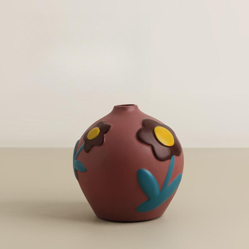 Handmade Art Deco Ceramic Tabletop Vase Creative Painted Flower Design Scratch Resistant Eco-Friendly Decorative Arrangement for