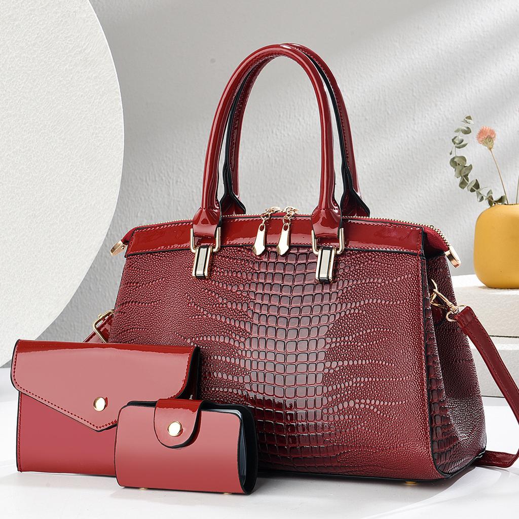 New Fashion Women's Bag Europe and The United States Fashion Middle-aged Women's Bag Crocodile Pattern Bright Leather Women's Bag Handbag