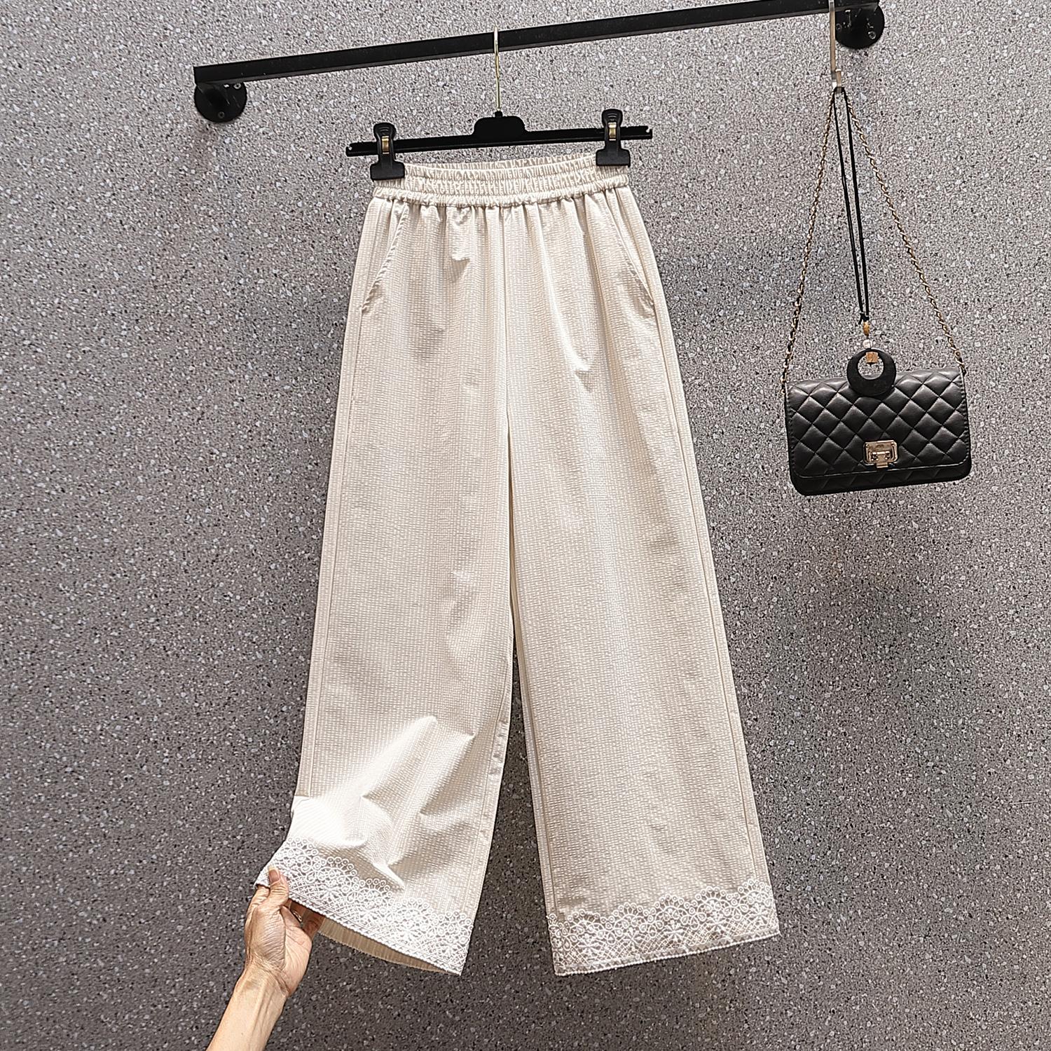 

DIMANAF Брюки больших размеров Женские Весна Лето Однотонные Кружевные С высокой талией Повседневные Брюки-шаровары Свободные Брюки с широкими штанинами 5XL 5XL бежевый