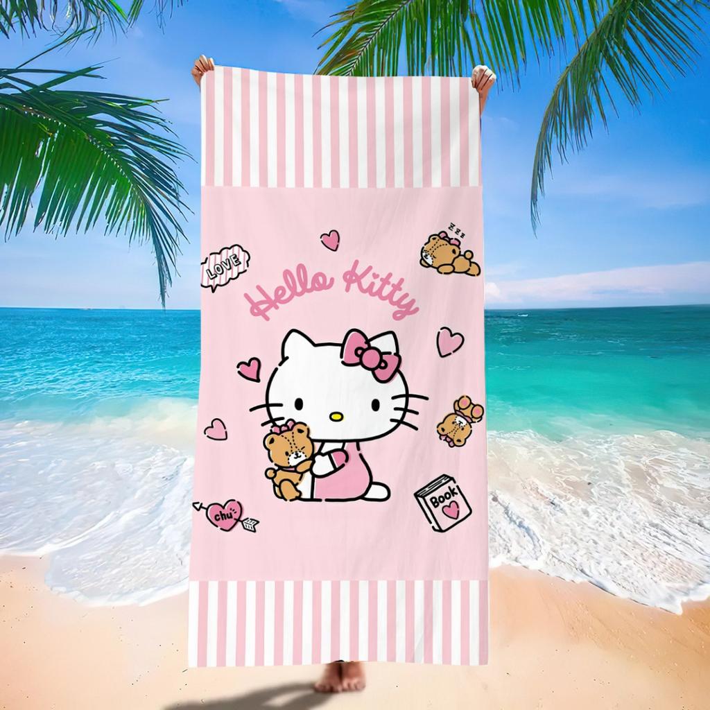 Brown Hello Kitty Surfing Beach Towel Tropical Palm Tree Design Cute Pink Bikini Kitty On Wave Summer Pool Towel For Beach Lover