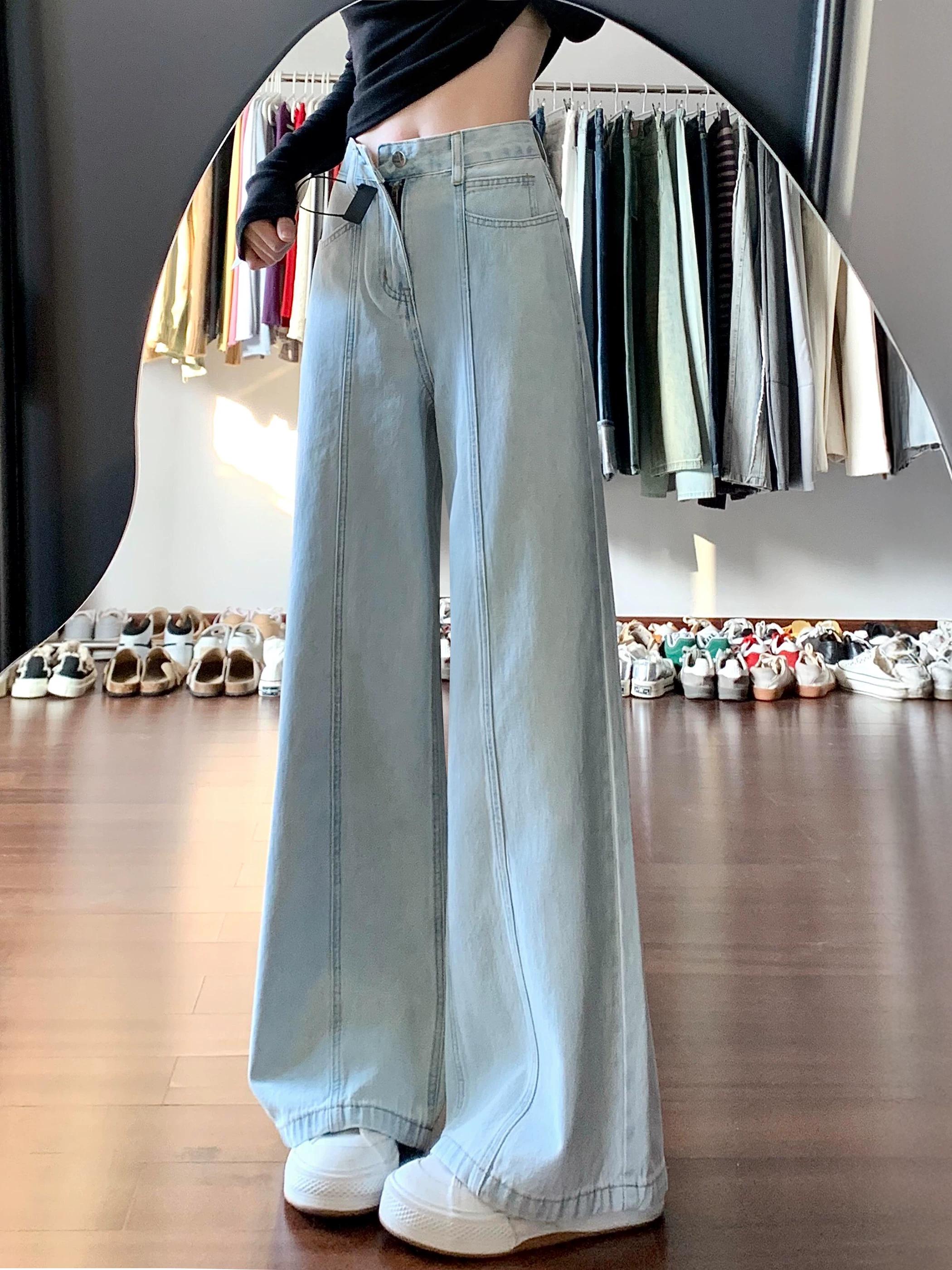

American-Style Light Blue Straight-Leg Jeans for Women, Spring Model for Plus-Size Girls, High-Waisted, Slimming, Loose Wide-Leg Floor-Length Pants M светло-синий