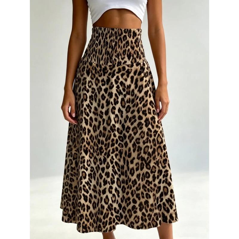 Falda Larga de Mujer Estampado Leopardo Cintura Alta Fruncida Elástica Casual para Playa y Uso Diario Estilo Resort Falda Evasé