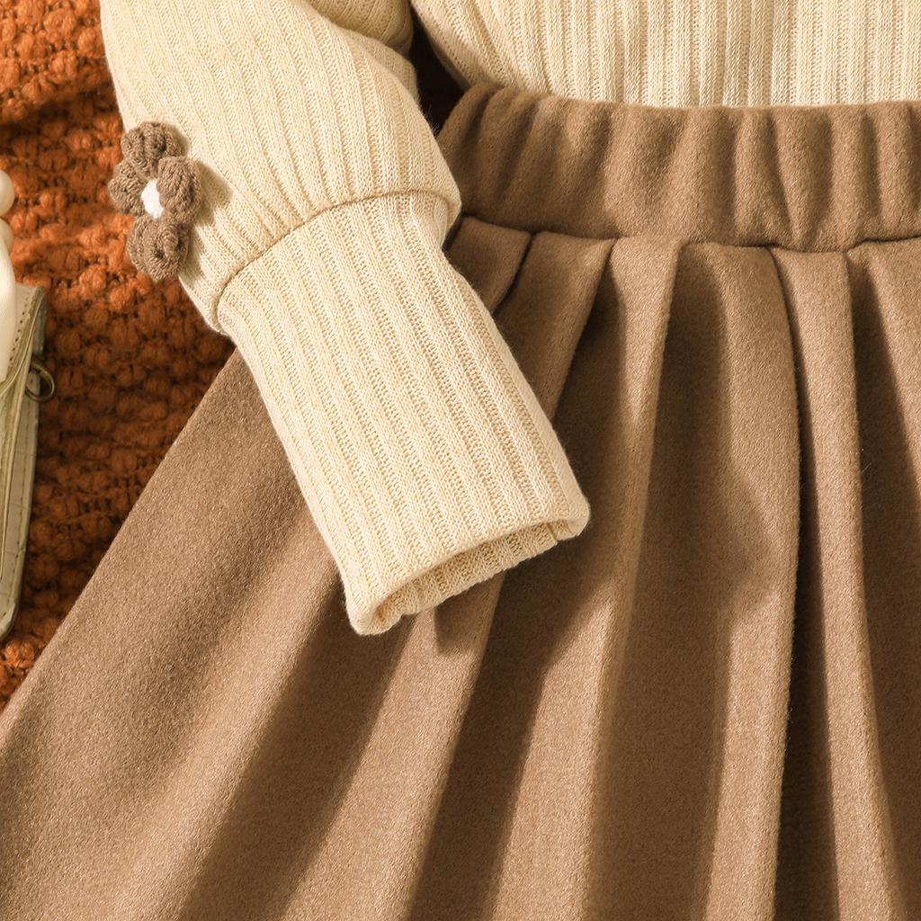 Girls Autumn and Winter Suit stuffed Flower Vest + Knitted Pleated Dress 3-piece Set