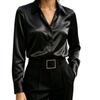 Women's Long Sleeve Satin Button-Up Shirt with Lapel Collar Casual Blouse Top