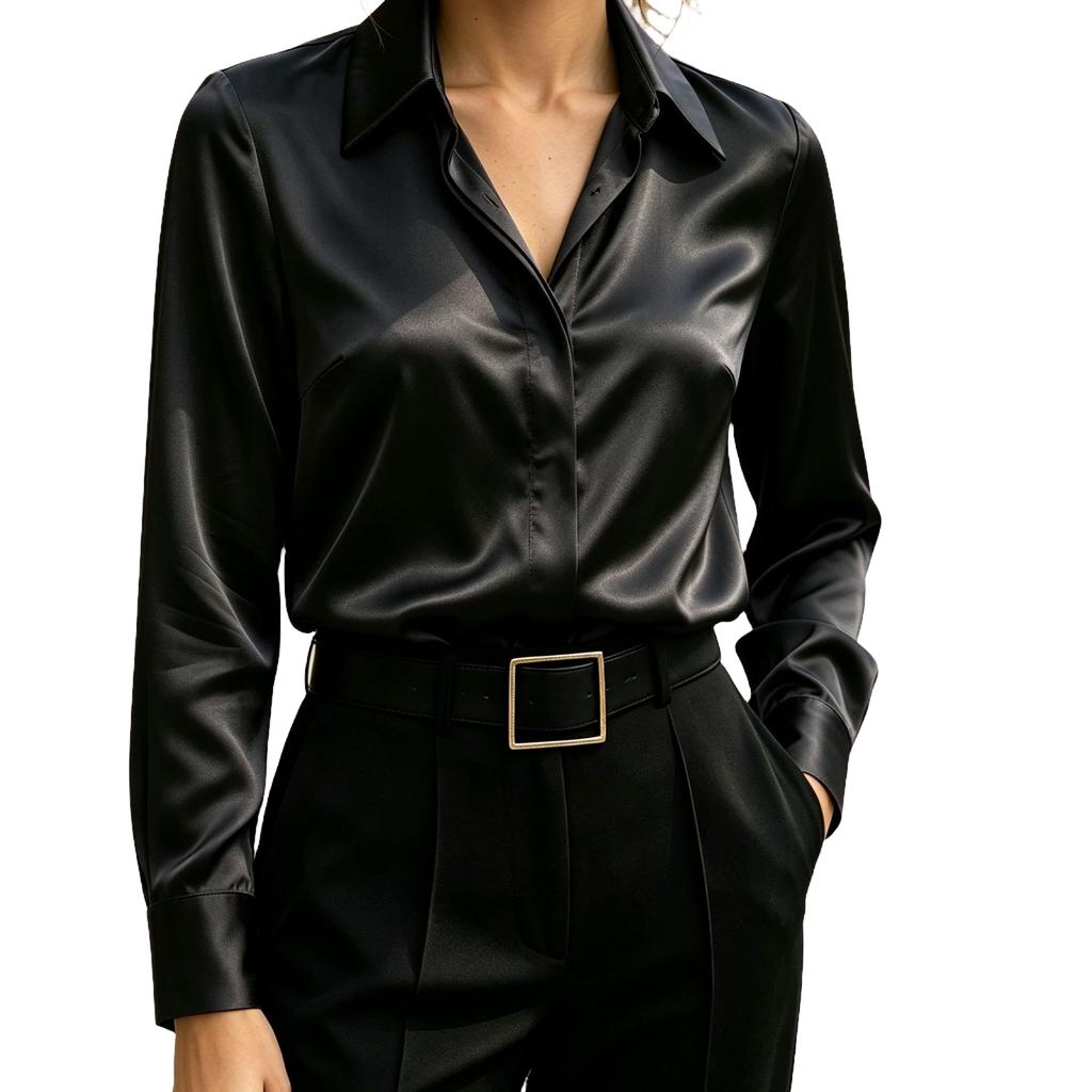 Women's Long Sleeve Satin Button-Up Shirt with Lapel Collar Casual Blouse Top