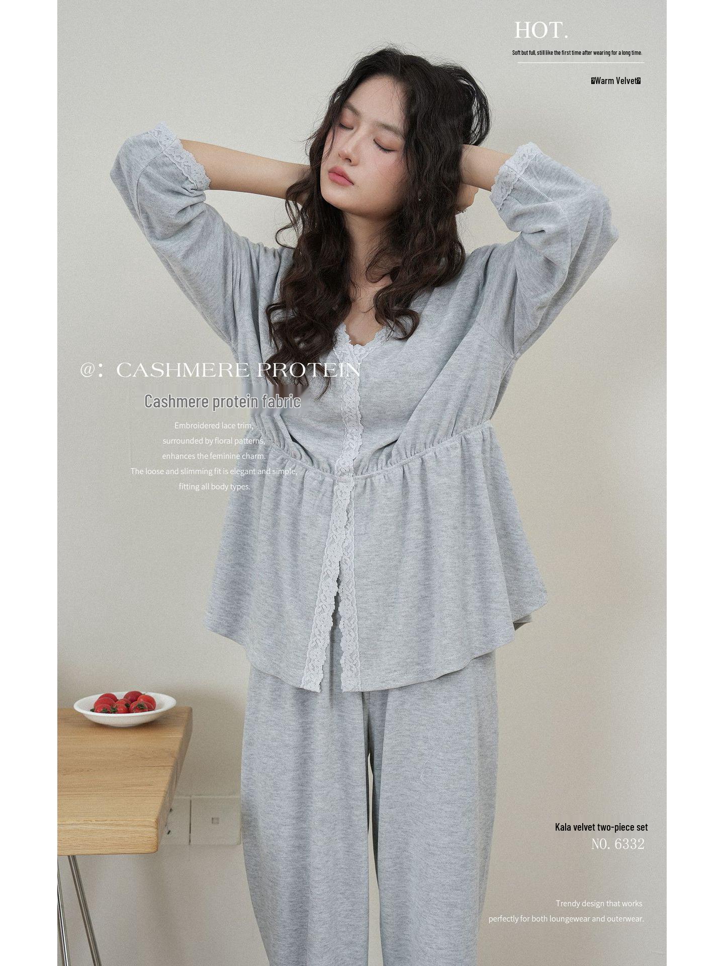 

French Lace Long Sleeve Pajama Set with Chest Pad - Women s Autumn Collection One Size, Fits 90-145 Jin