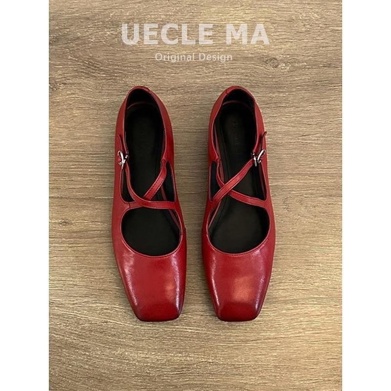 Sheepskin Model~ Retro French Single Shoes Women's Flat Red Shoes Light Mouth Ballet Evening Shoes Cross Belt Mary Jane Shoes
