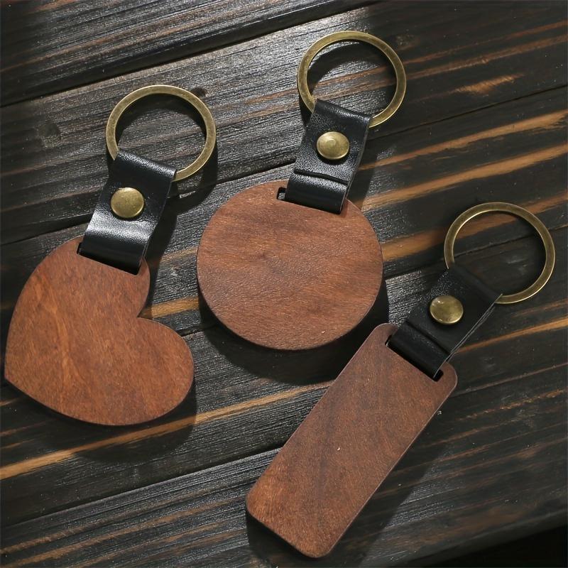 1pc Wood Square Tag Key Chains, Vintage Color Leather Round Keychain Accessories, Fashion Bag Pendant, Blank Wooden Card Keyring.
