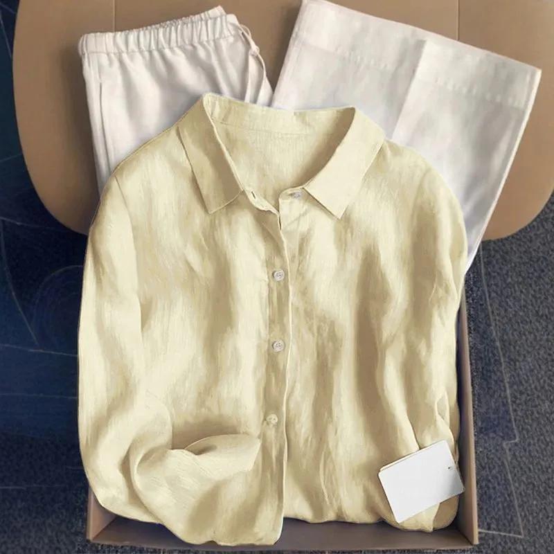 Camicia da donna in lino stile francese per la primavera/estate: Top casual a maniche lunghe in cotone e lino, dalla vestibilità morbida