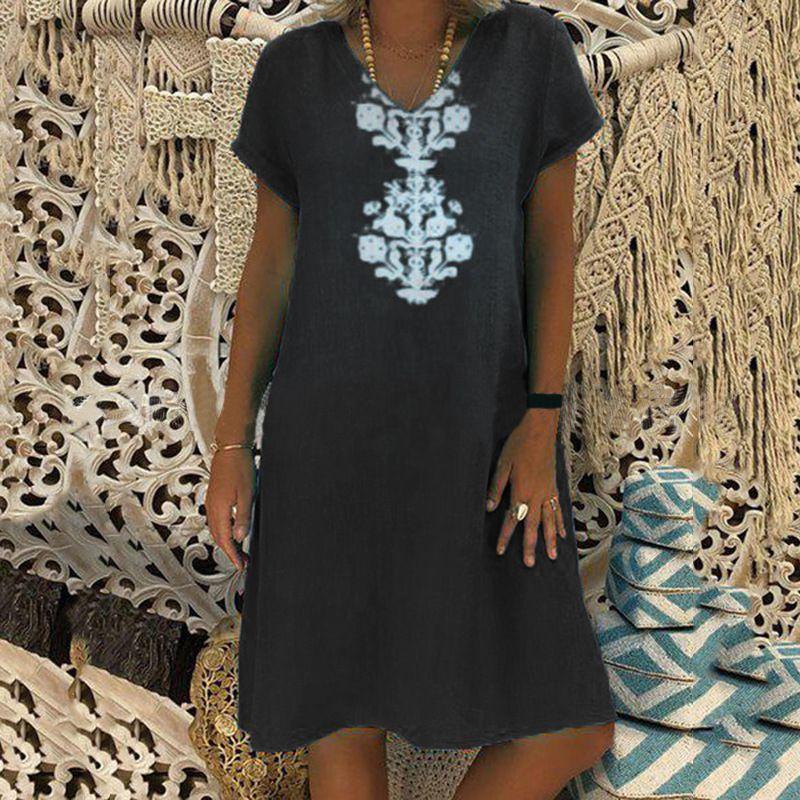 Versatile Women's Baggy Loose Short Sleeve V-neck Linen Kaftan Madi Dress Perfect For Daily Wear And Beach Outings