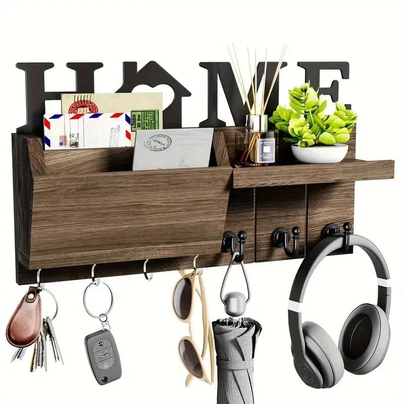 Wooden Wall Key Holder, Decorative Key and Mail Holder with Shelf Has Large Key Hooks for Bags, Coats, Umbrella