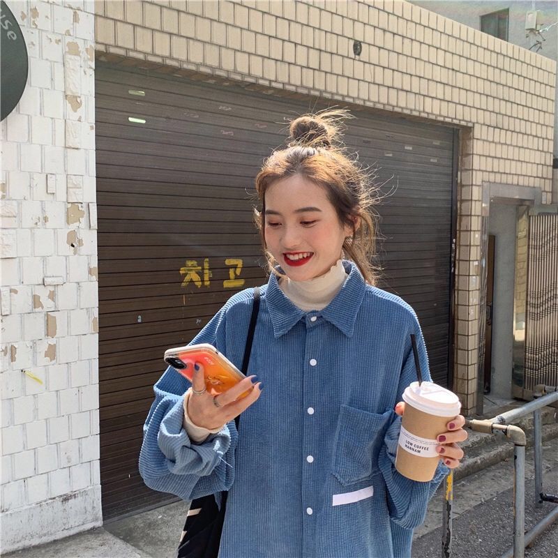 Woman Pocket Decoration Soild Colour Shirts Japanese Retro Loose Long Sleeved Shirt Autumn Women's Versatile Single Breasted Top