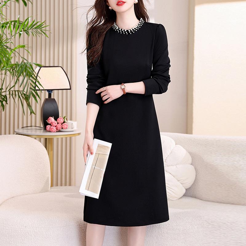 Black Slim-Fit Mid-Length Dress with Pearl Accents