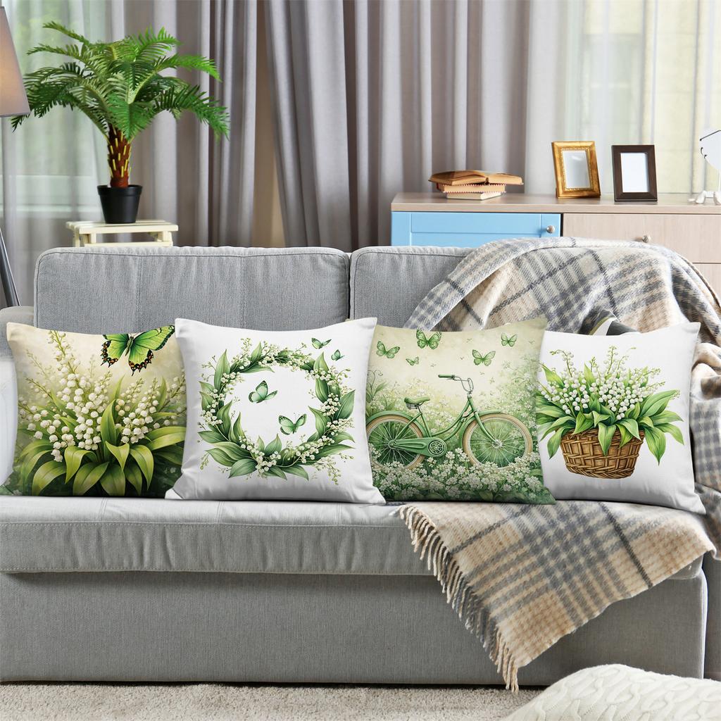 Watercolor Lily Of The Valley Pillow Covers, Butterfly & Bicycle Floral Decorative Throw Pillow Cases, Serene Cottage Home Decor
