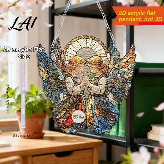 Transparent Acrylic Window Art Moon-Shaped Wreath Hanging Ornament Butterfly Angel Floral Stained Glass Style Mosaic Daily Home Furnishings