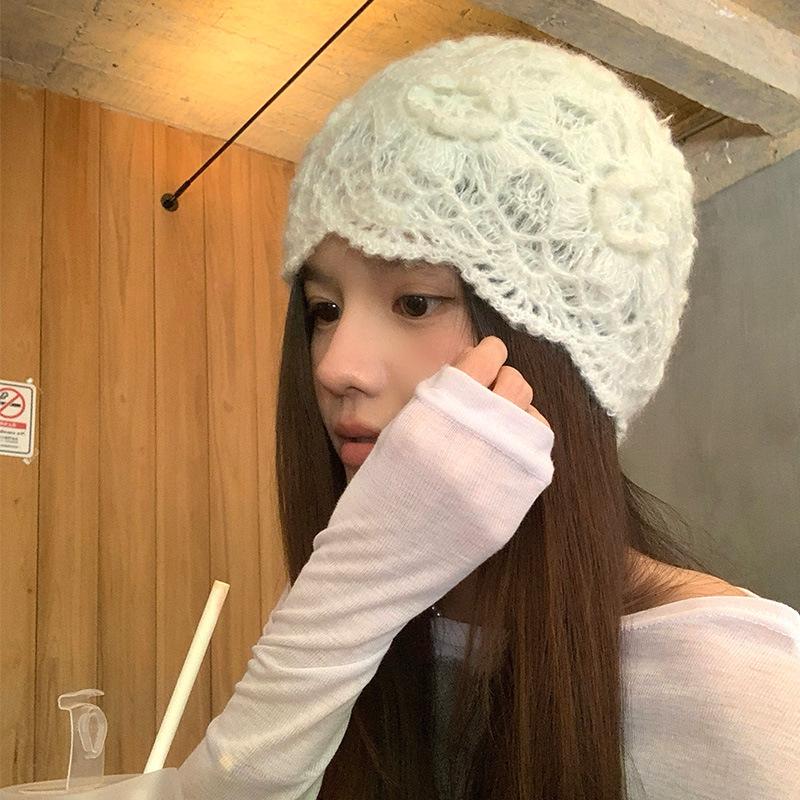 Japanische süße Spitze Hohlblumen Tasche Hut Damen Nische Literarisch und Modisch Vielseitig Handgefertigt Häkeln Gestrickter Hut
