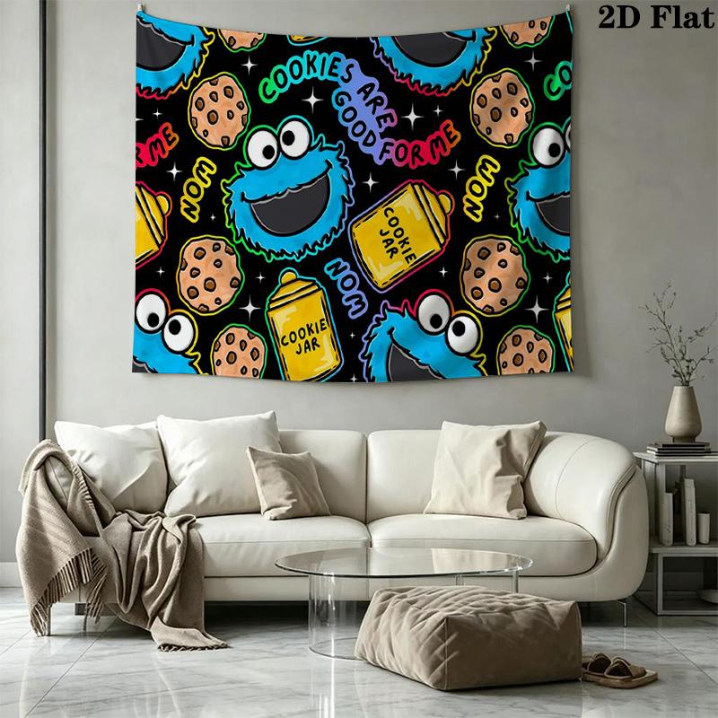 Cookie Monster Cartoon Wall Tapestry Aesthetic Wall Hanging Printed Fabric Blanket Decorative Tapestries for Bedroom Living Room Home Decor