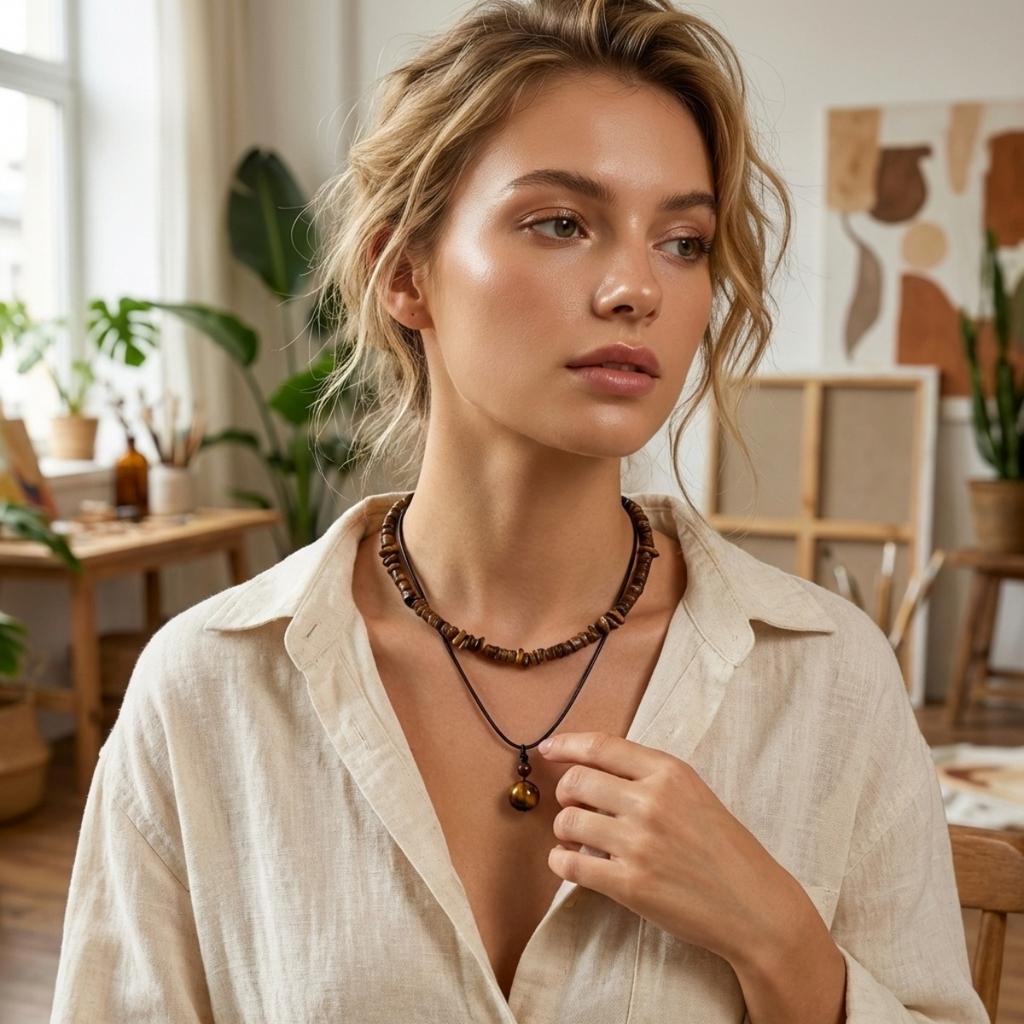 Double Layer Tiger Eye Stone Beads Wooden Beaded Necklace For Women Men Vintage Bohemian Fashion Geometric Choker Party Zircon