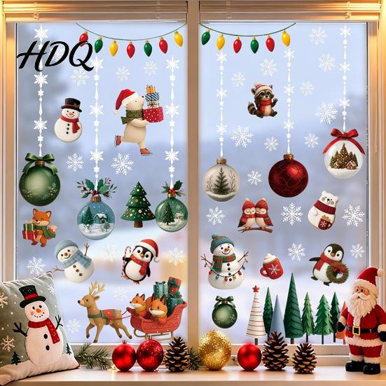 Removable Wall Stickers for Bedroom 2Pcs Christmas Static Window Cling Stickers PVC Snowman Penguin Decorative Glass Clings Living Room Bell