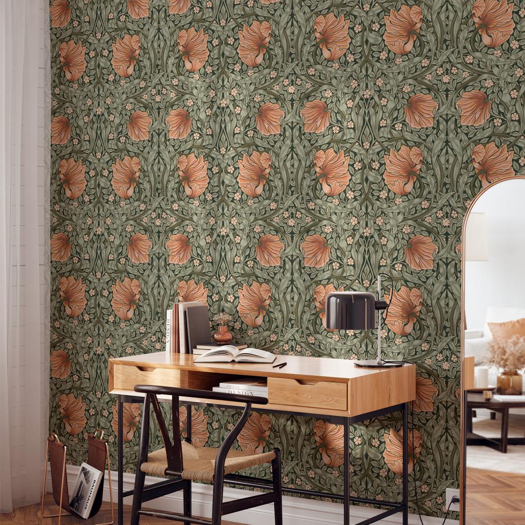 1pc Vintage Floral Self-adhesive Wallpaper Peel And Stick Botanical Sage Green/Tangerine Wall Murals Home Kitchen Bedroom Decor