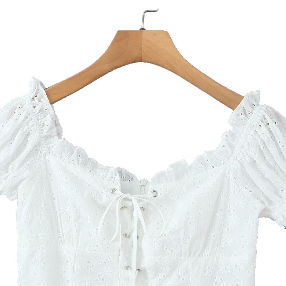 White One-Shoulder Lace Patchwork Slim Summer Dress with Cinched Waist and Short Sleeves