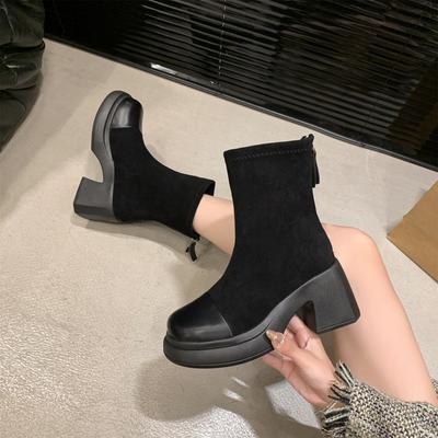 Comfortable and Versatile Foreign Thick-soled High-heeled Elastic Fashion Fashion British Round-toed Short Boots Rear Zipper Martin Boots
