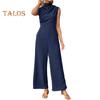Women Summer Jumpsuit Half-high Collar Sleeveless Wide Leg Pleated Pure Color OL Commuting Daily Wear Long Jumpsuit
