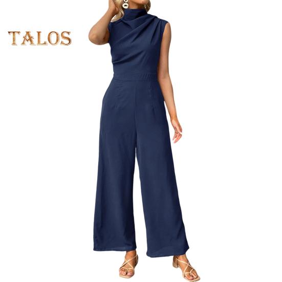 Women Summer Jumpsuit Half-high Collar Sleeveless Wide Leg Pleated Pure Color OL Commuting Daily Wear Long Jumpsuit