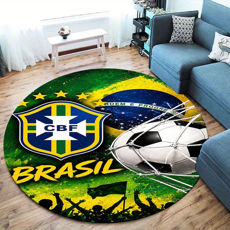 Brazil National Football Team Round Area Rug,Carpet Rug for Living Room Bedroom Sofa Playroom Decor,Non-slip Floor Mat
